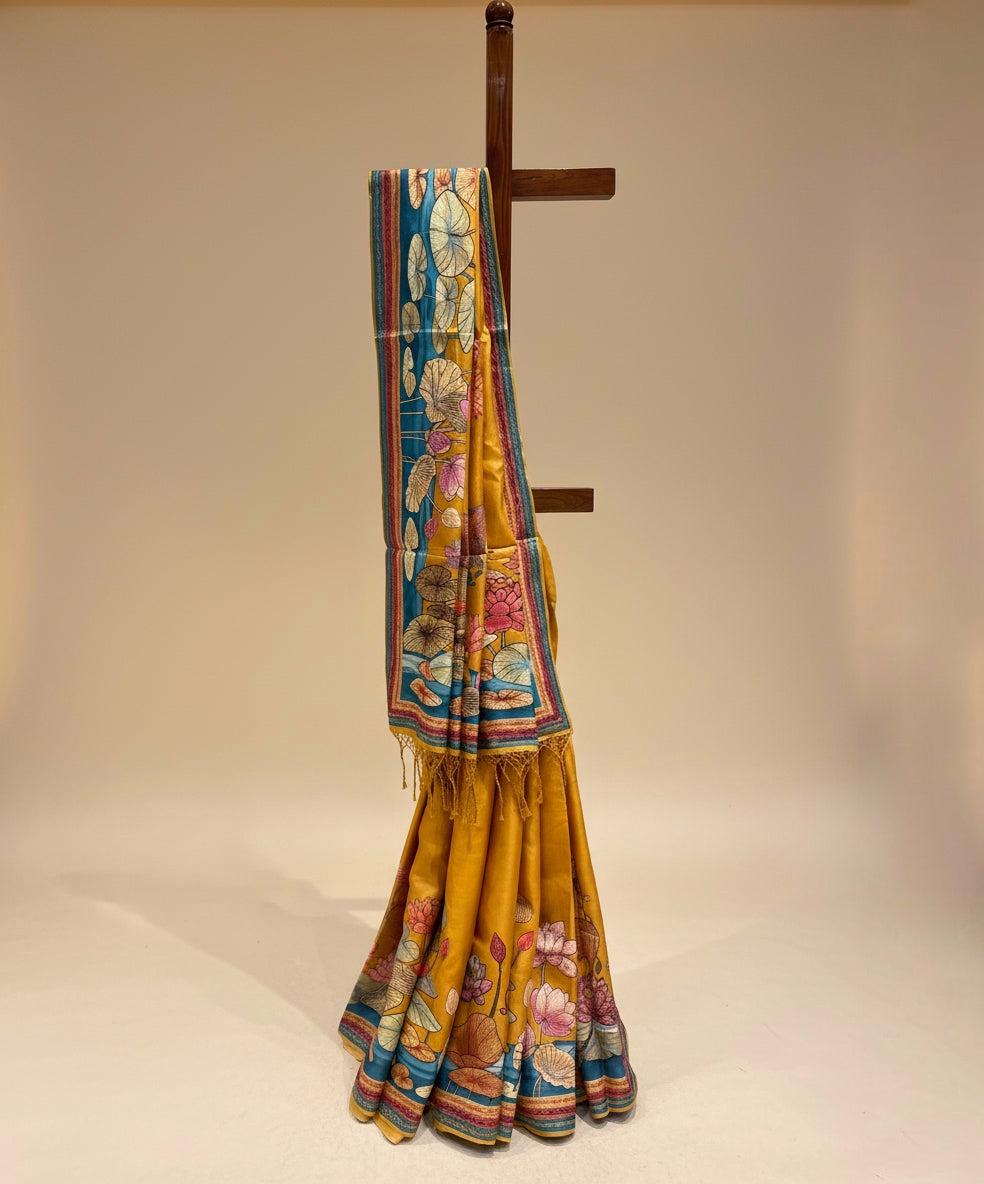 MUSTARD COLOUR PURE TUSSAR SILK EMBROIDERED SAREE