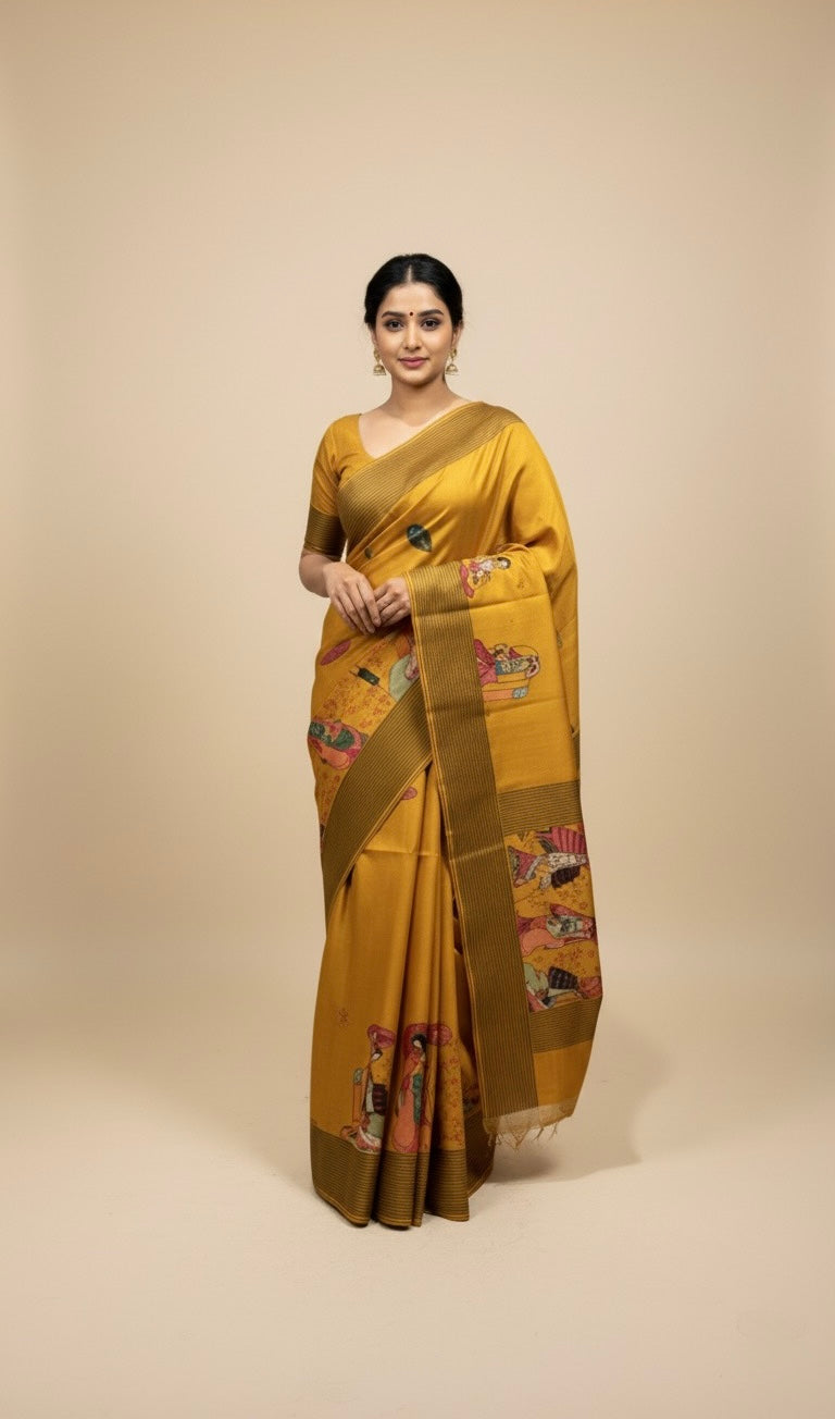 MUSTARD COLOUR PURE TUSSAR SILK PRINTED SAREE WITH ZARI BORDER
