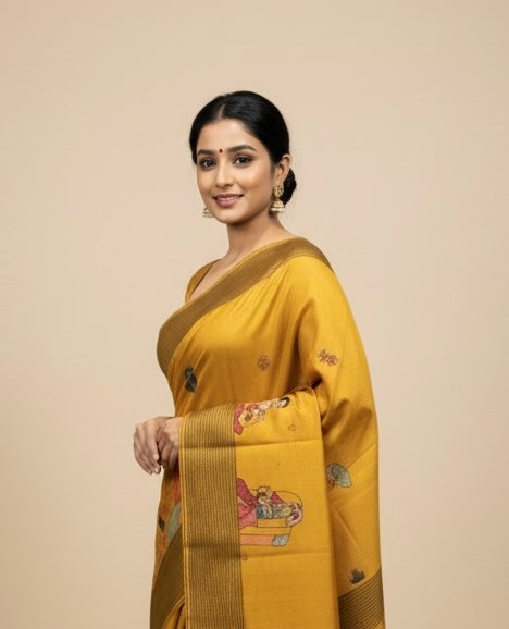 MUSTARD COLOUR PURE TUSSAR SILK PRINTED SAREE WITH ZARI BORDER
