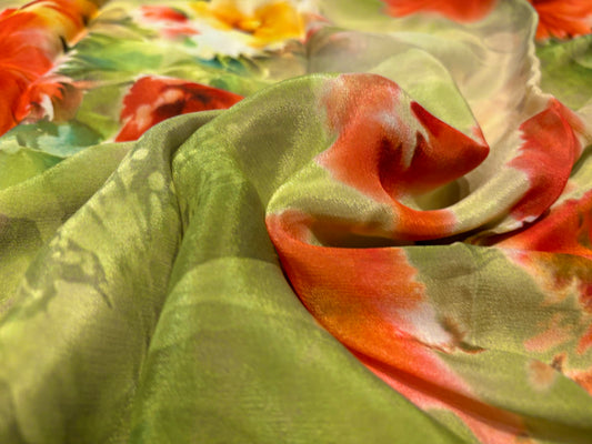 (Deliver in 15 days) SHADED OLIVE GREEN PRINTED CHINON SAREE WITH PLAIN CHINON BLOUSE