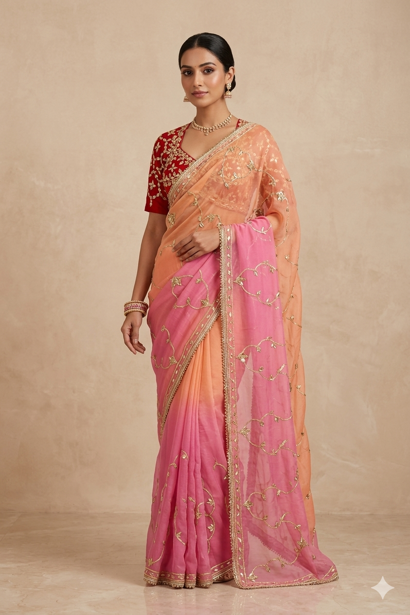 SHADED CHIFFON GOTA PATTI WORK EMBROIDERED SAREE WITH READYMADE BLOUSE - Kothari Sons