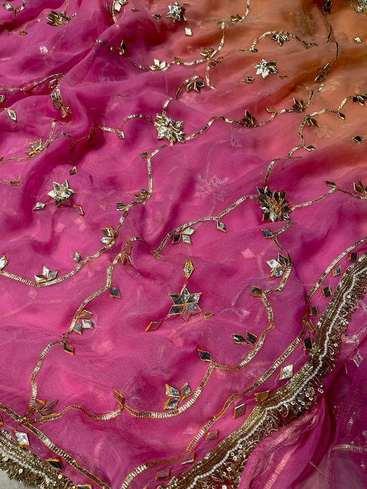 SHADED CHIFFON GOTA PATTI WORK EMBROIDERED SAREE WITH READYMADE BLOUSE - Kothari Sons