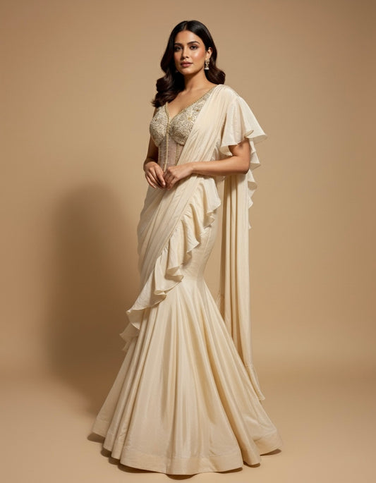 IVORY DRAPED SAREE LEHENGA WITH RUFFLE PALLU AND EMBROIDERED CORSET BLOUSE