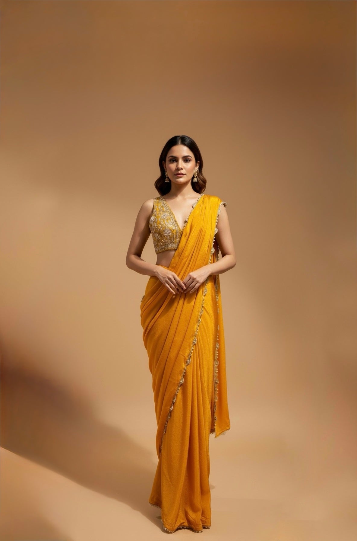 MARIGOLD COLOUR SAREE WITH ZARI & PEARL SCALLOP BORDER AND ZARI EMBROIDERED BLOUSE