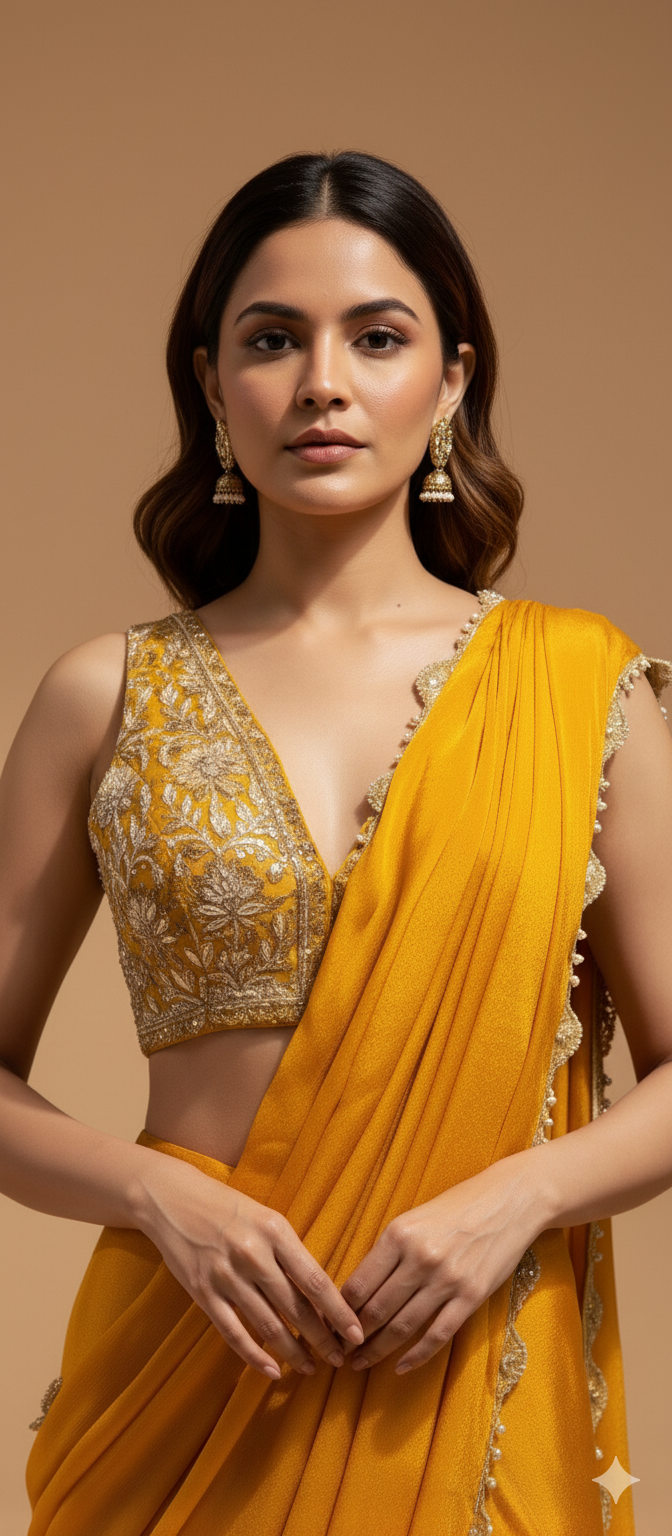 MARIGOLD COLOUR SAREE WITH ZARI & PEARL SCALLOP BORDER AND ZARI EMBROIDERED BLOUSE