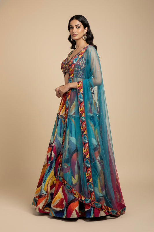 MULTICOLOURED DOLA SILK LEHENGA WITH NET DUPATTA AND CUTDANA & SEQUINS EMBELLISHED BLOUSE