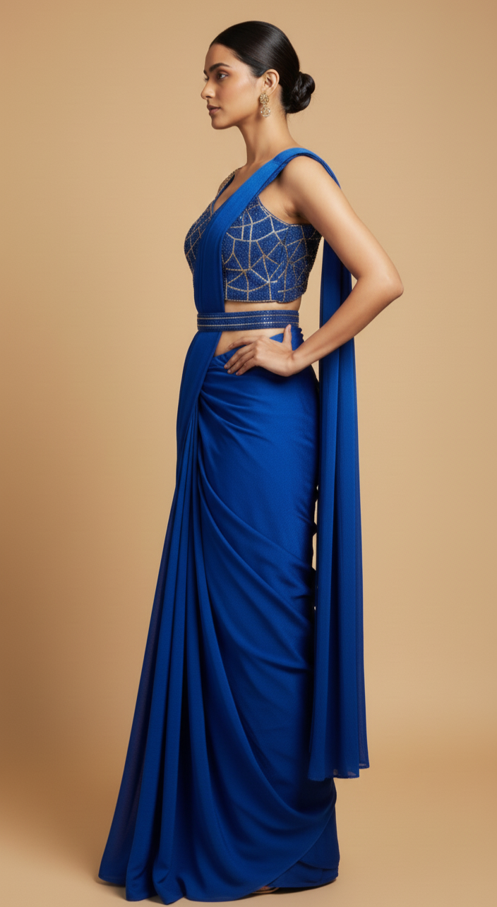 ROYAL BLUE CHINON READYMADE SAREE WITH BEADS EMBROIDERED BLOUSE
