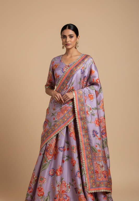 LAVENDER COLOUR PRINTED SILK LEHENGA ( DELIVERY IN 20 DAYS)