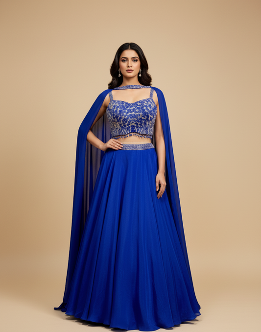 SAPPHIRE BLUE EMBELLISHED CROP TOP & LEHENGA SET WITH MODERN DUPATTA