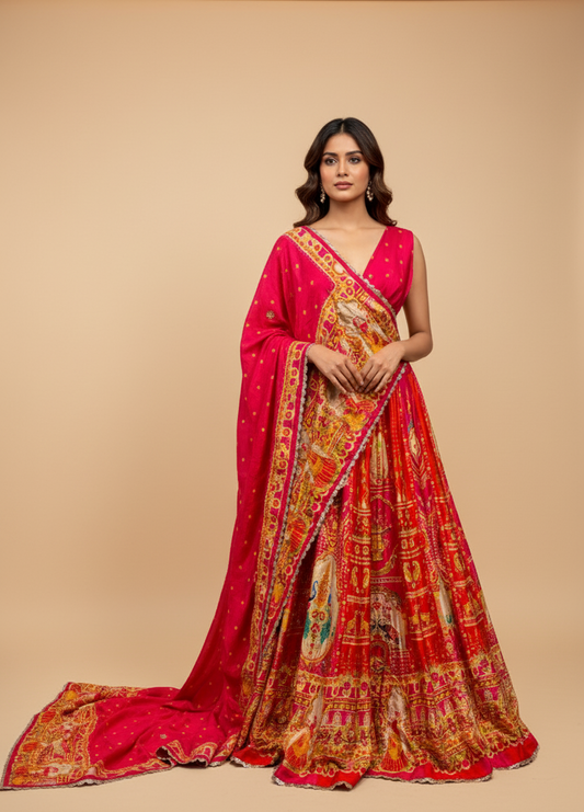 RED COLOUR PRINTED SILK LEHENGA (DELIVERY IN 20 DAYS)