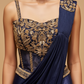 NAVY BLUE CHINON DRAPED SAREE WITH EMBROIDERED CORSET BLOUSE ( DELIVERY IN 20 DAYS)