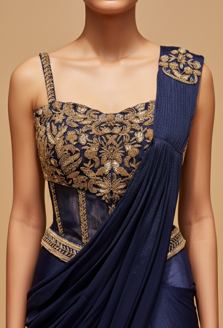 NAVY BLUE CHINON DRAPED SAREE WITH EMBROIDERED CORSET BLOUSE ( DELIVERY IN 20 DAYS)