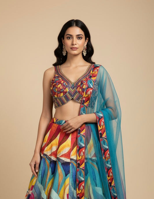 MULTICOLOURED DOLA SILK LEHENGA WITH NET DUPATTA AND CUTDANA & SEQUINS EMBELLISHED BLOUSE