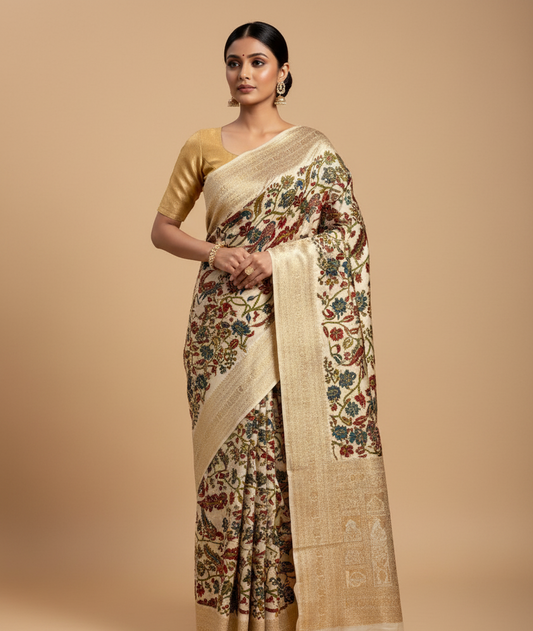IVORY KALAMKARI KANJIVARAM SAREE WITH EMBROIDERY