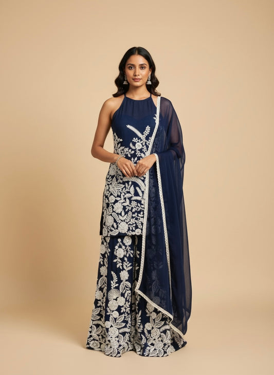 DARK BLUE EMBROIDERED READYMADE SUIT WITH PALAZZO & DUPATTA