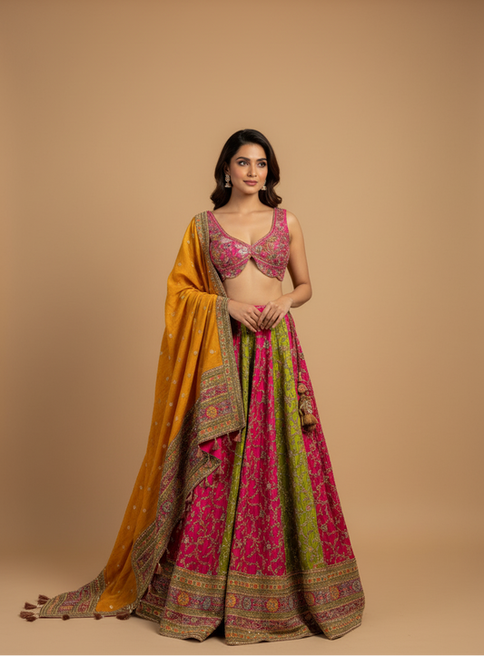 RANI PINK AND OLIVE GREEN KASAB EMBROIDERED SILK LEHENGA WITH BANARASI BROCADE BLOUSE AND MUSTARD DUPATTA