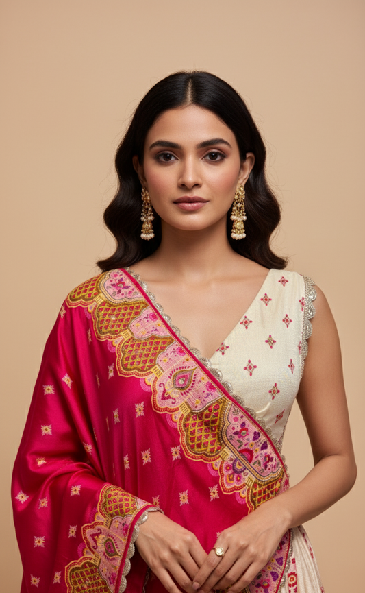 RASPBERRY RED & CREAM COLOUR PRINTED SILK LEHENGA ( DELIVERY IN 20-25 DAYS )