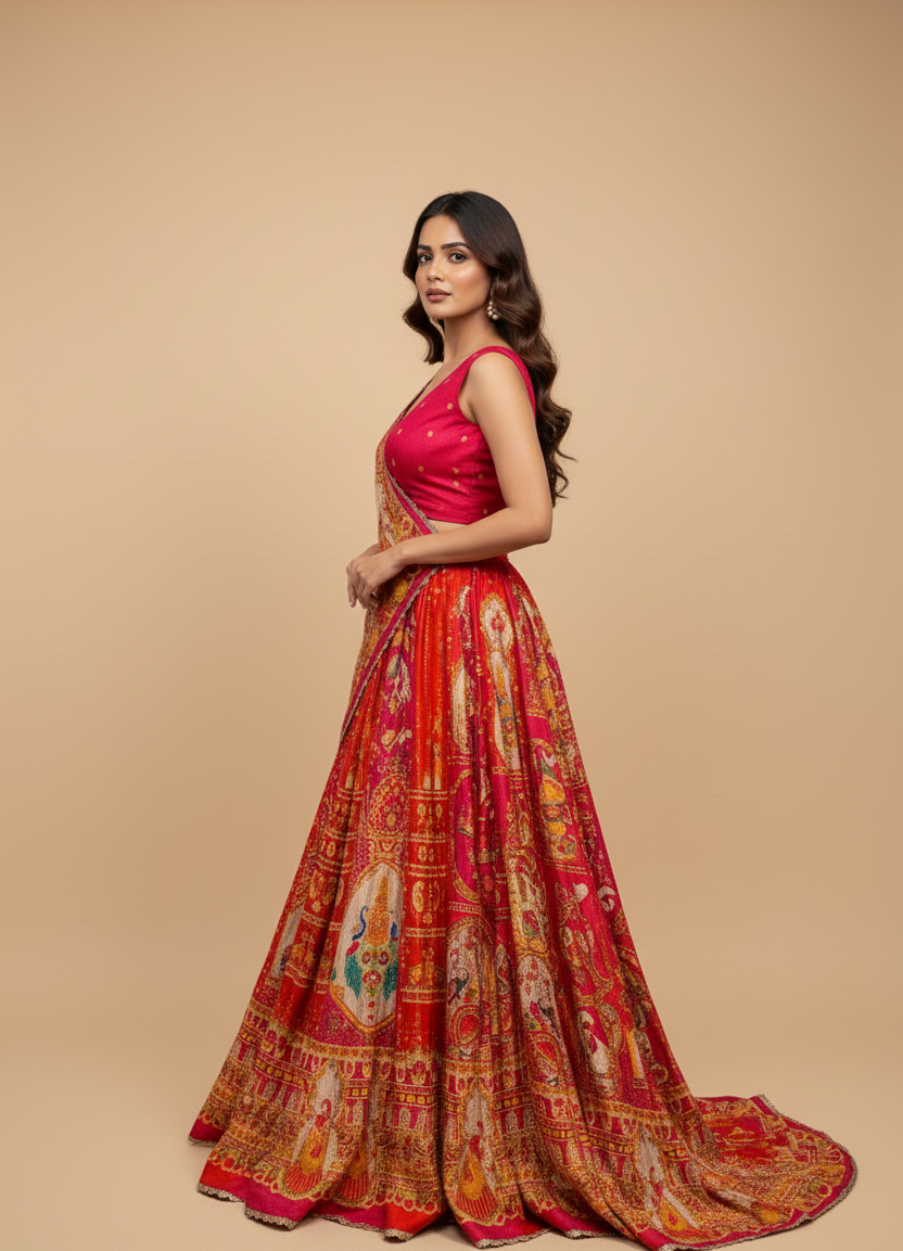 RED COLOUR PRINTED SILK LEHENGA (DELIVERY IN 20 DAYS)