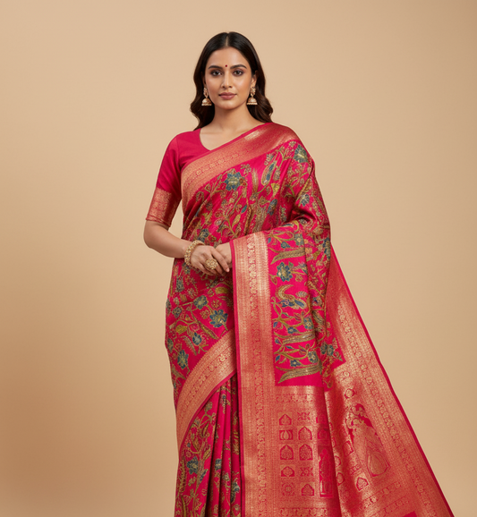 RANI COLOUR KALAMKARI SILK SAREE WITH EMBROIDERY AND WOVEN ZARI BORDER & PALLA