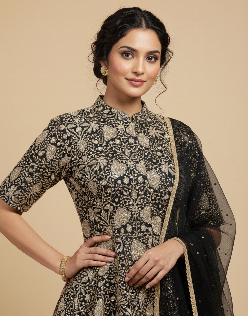 BLACK EMBROIDERED PEPLUM JACKET WITH CHINON PALAZZO AND NET DUPATTA