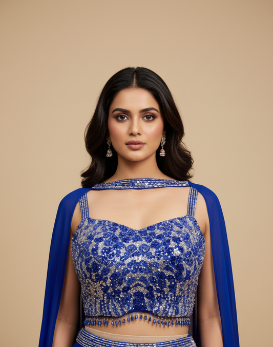 SAPPHIRE BLUE EMBELLISHED CROP TOP & LEHENGA SET WITH MODERN DUPATTA