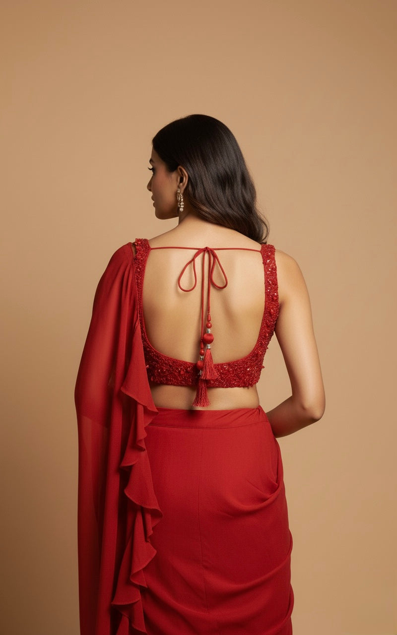 RED READYMADE CHINON SAREE WITH EMBROIDERED BLOUSE ( DELIVERY IN 20 DAYS )