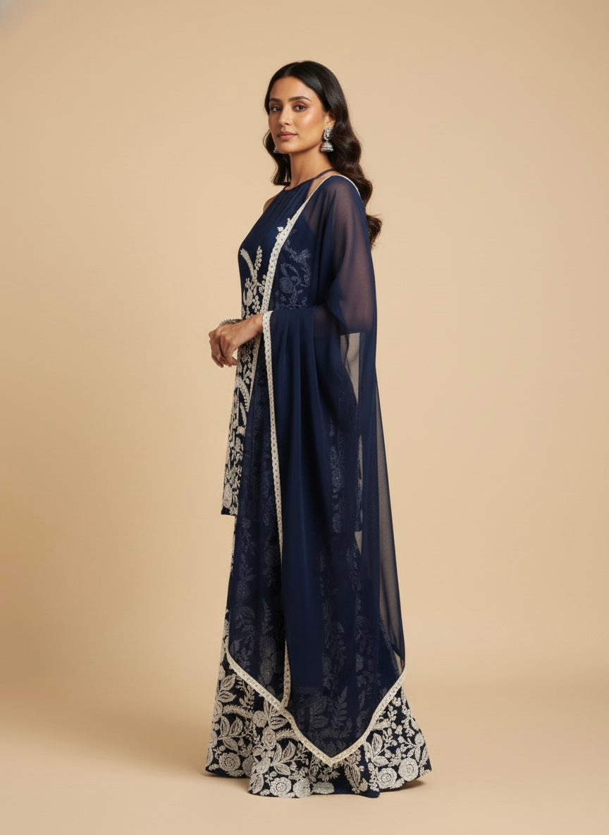 DARK BLUE EMBROIDERED READYMADE SUIT WITH PALAZZO & DUPATTA