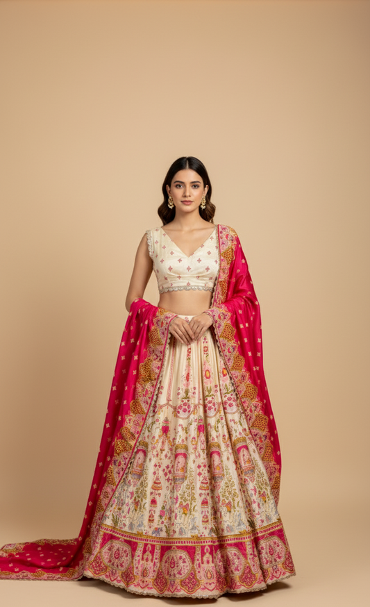 RASPBERRY RED & CREAM COLOUR PRINTED SILK LEHENGA ( DELIVERY IN 20-25 DAYS )