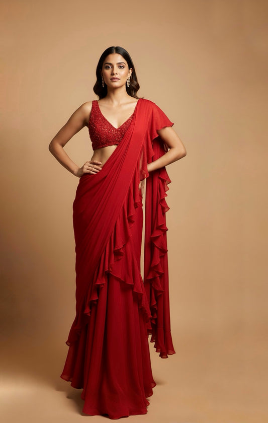 RED READYMADE CHINON SAREE WITH EMBROIDERED BLOUSE ( DELIVERY IN 20 DAYS )