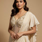 IVORY DRAPED SAREE LEHENGA WITH RUFFLE PALLU AND EMBROIDERED CORSET BLOUSE