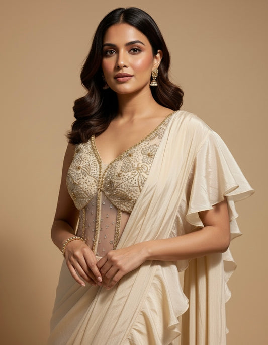 IVORY DRAPED SAREE LEHENGA WITH RUFFLE PALLU AND EMBROIDERED CORSET BLOUSE