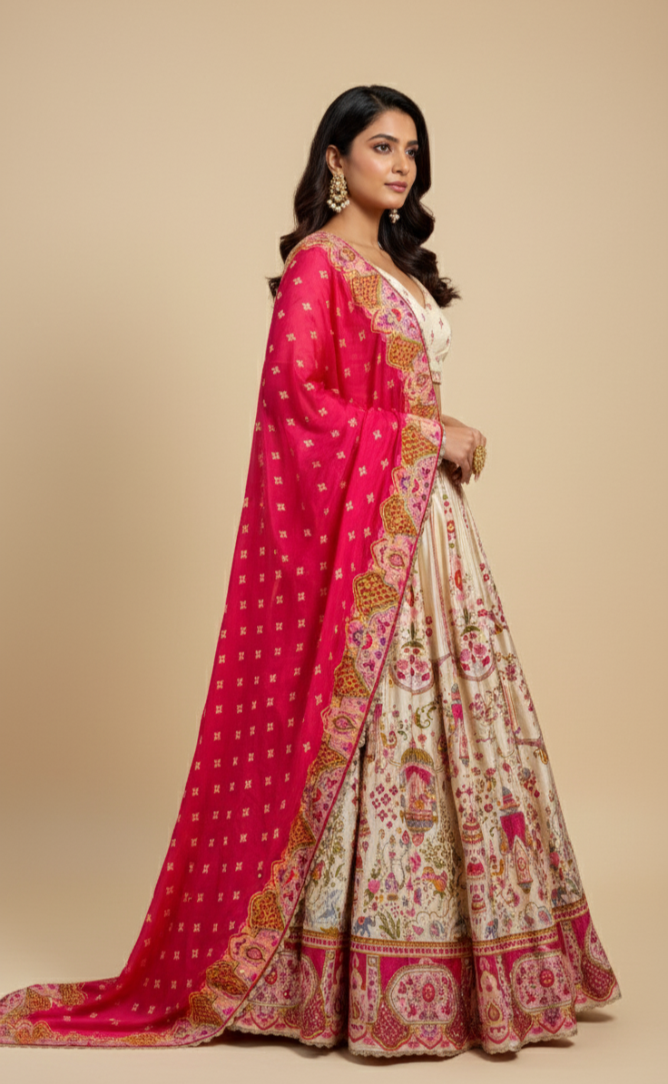 RASPBERRY RED & CREAM COLOUR PRINTED SILK LEHENGA ( DELIVERY IN 20-25 DAYS )