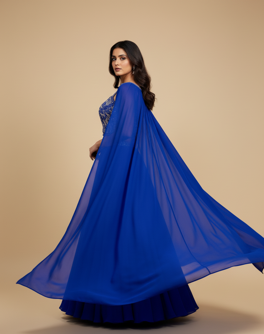 SAPPHIRE BLUE EMBELLISHED CROP TOP & LEHENGA SET WITH MODERN DUPATTA