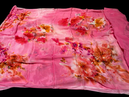 PINK COLOUR PRINTED CHINON SAREE WITH PLAIN CHINON BLOUSE