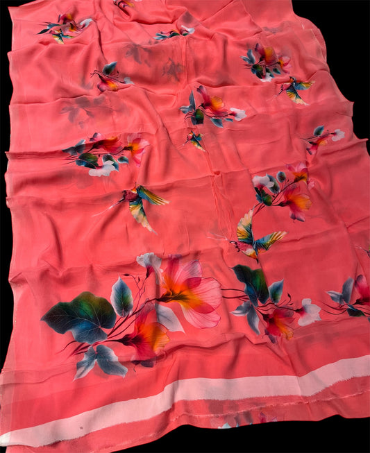 CORAL PEACH CHINON PRINTED SAREE PAIRED WITH A PLAIN CREPE BLOUSE (DELIVERY IN 20 DAYS)