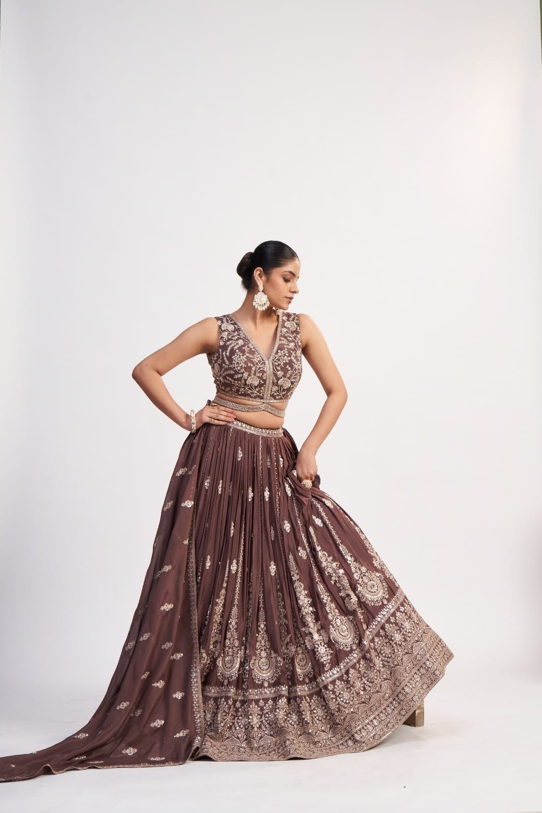 COFFEE BROWN CHINON LEHENGA WITH CROP-TOP BLOUSE & DUPATTA (DELIVERY IN 30 DAYS)