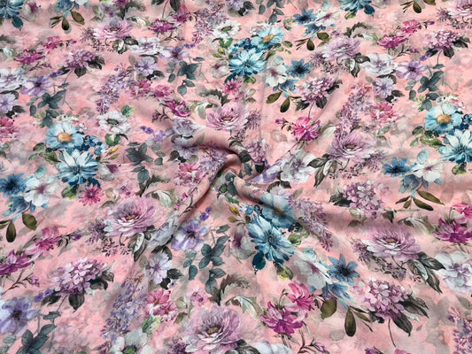 (Deliver in 20 days) PINK FLORAL PRINTED PURE PLATINUM CHIFFON SAREE