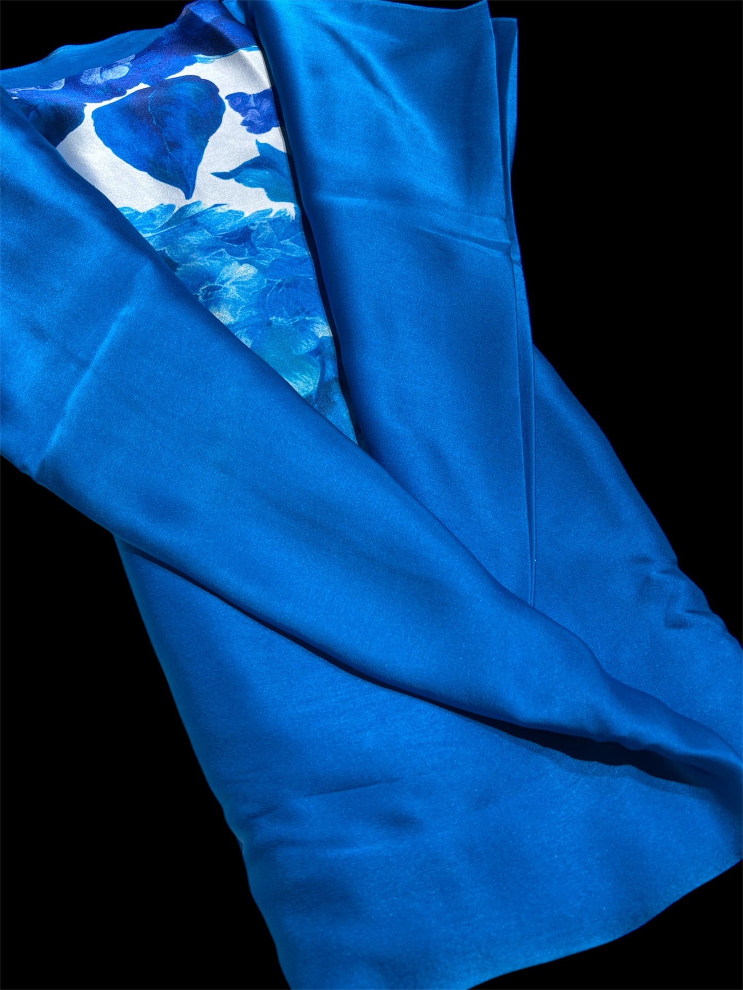 AZURE BLUE PURE SATIN SILK PLAIN SAREE WITH PRINTED SATIN BLOUSE (DELIVERY IN 20 DAYS)