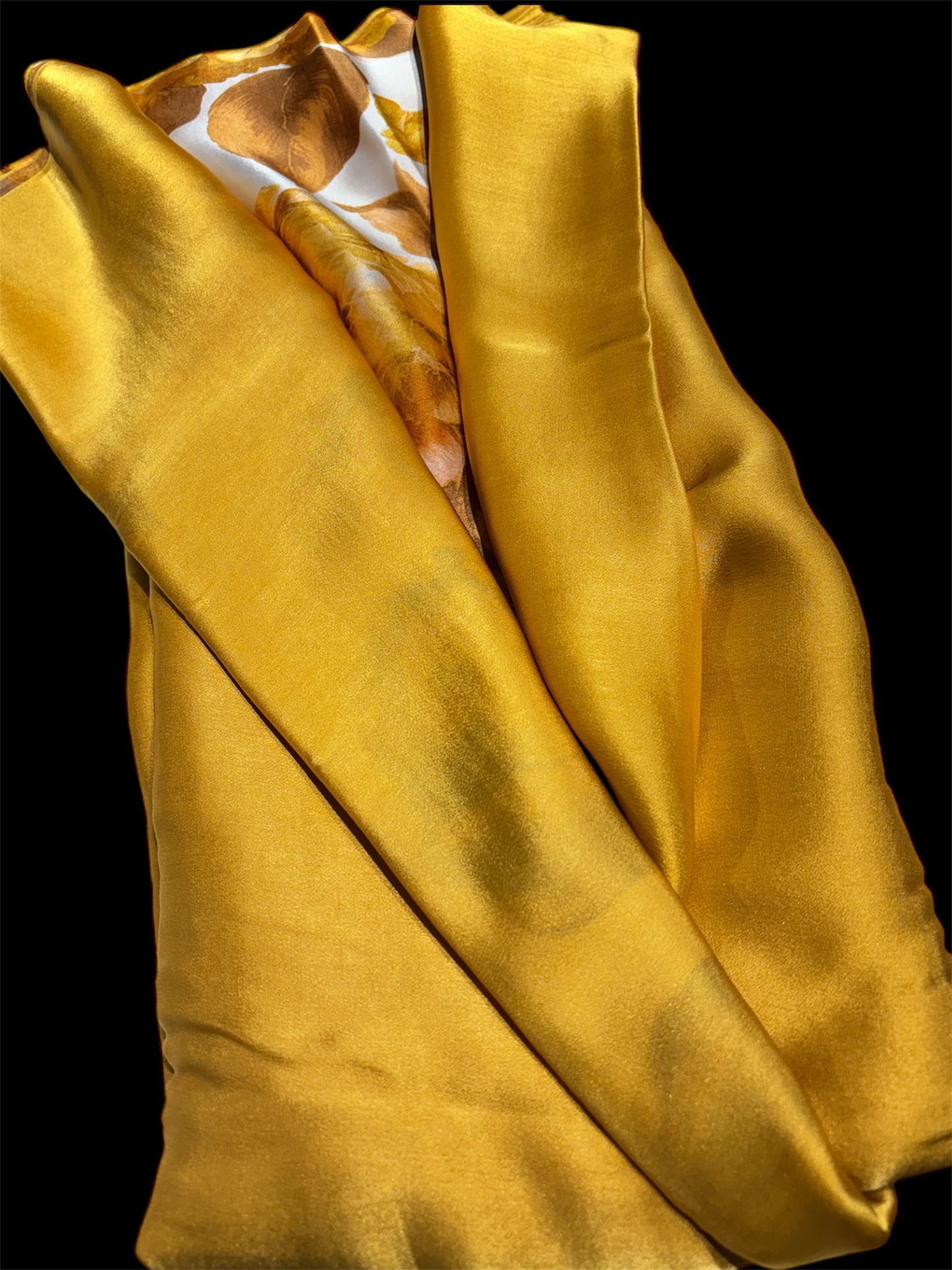 AMBER YELLOW PURE SATIN SILK PLAIN SAREE WITH PRINTED SATIN BLOUSE (DELIVERY IN 20 DAYS)