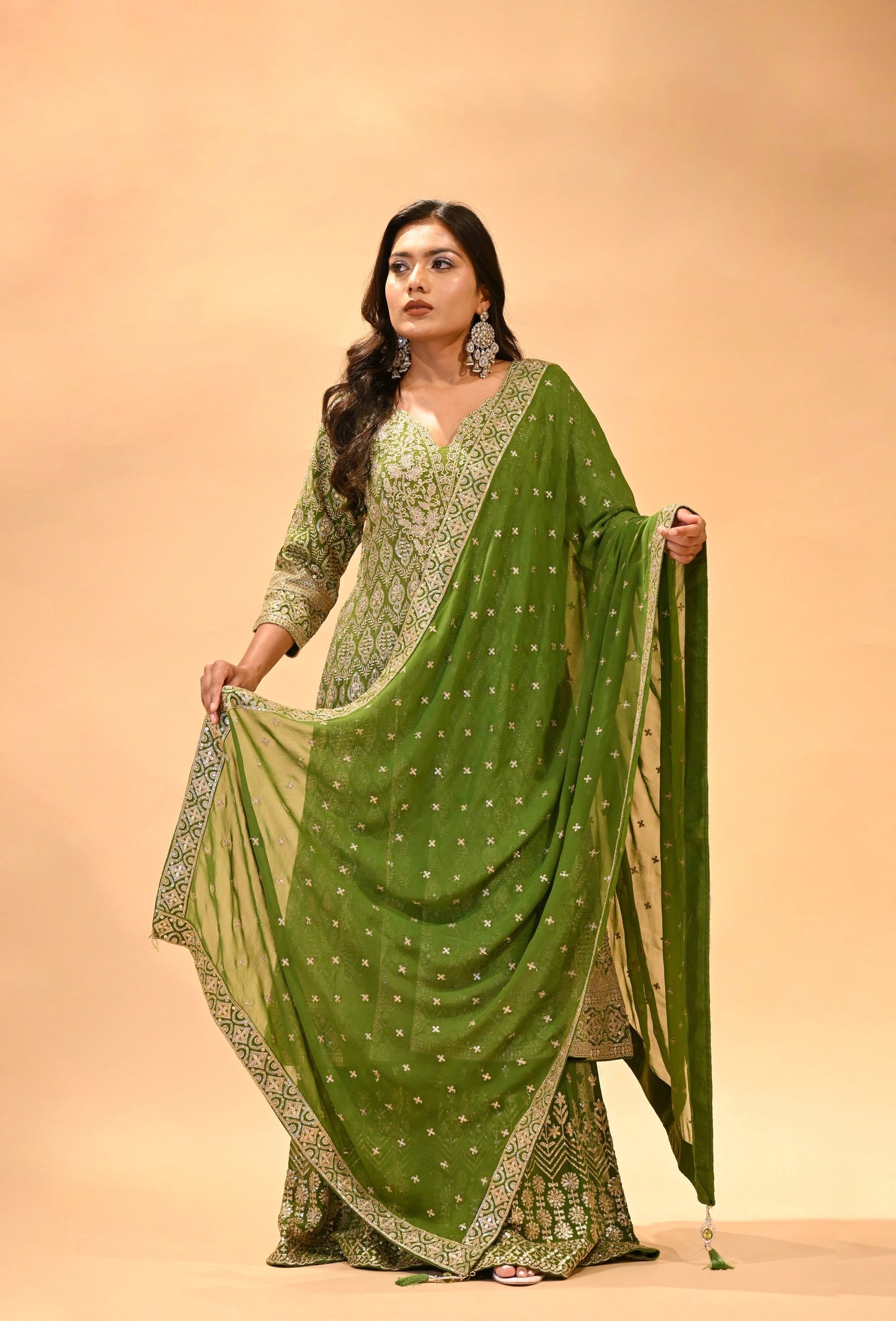 MEHENDI GREEN EMBROIDERED SHARARA SET WITH DUPATTA