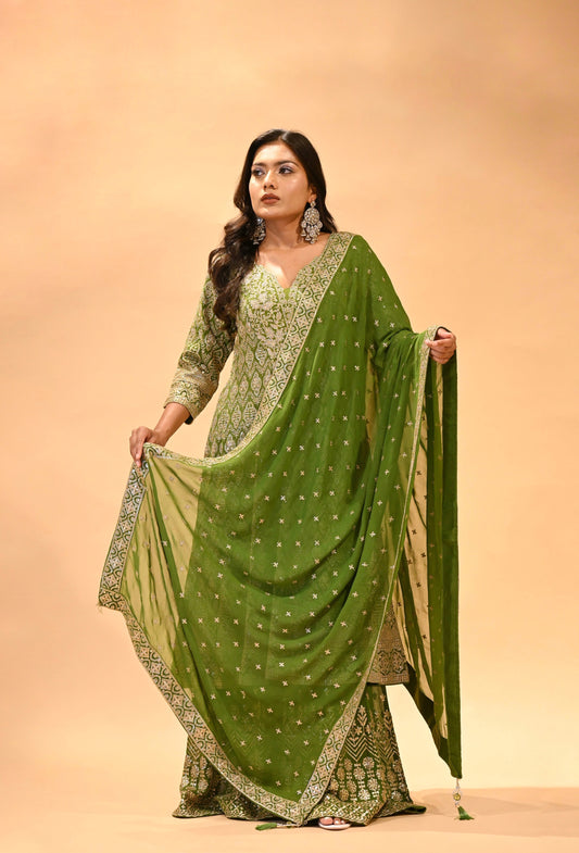 MEHENDI GREEN EMBROIDERED SHARARA SET WITH DUPATTA