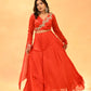 SCARLET RED DRAPED SKIRT SET WITH EMBROIDERED BLOUSE ( DELIVERY IN 30 DAYS )