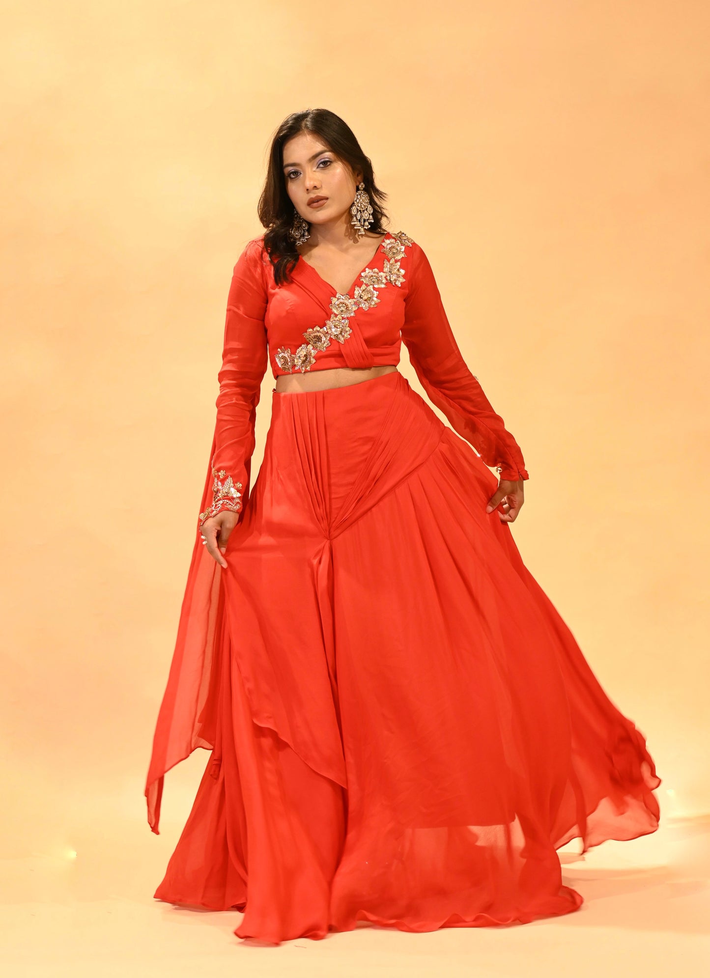 SCARLET RED DRAPED SKIRT SET WITH EMBROIDERED BLOUSE ( DELIVERY IN 30 DAYS )