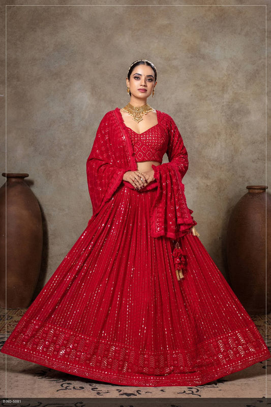 RED GEORGETTE LUCKNOWI READYMADE LEHENGA ( DELIVERY IN 20 DAYS )