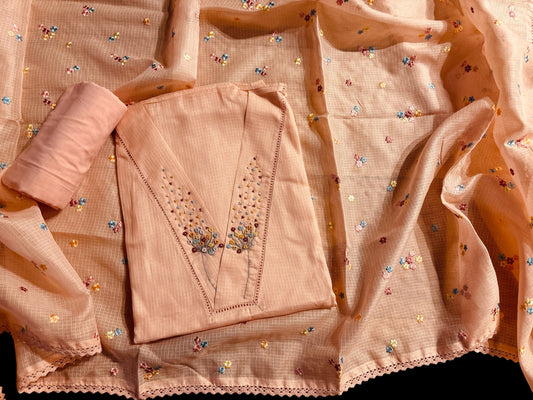 Tropical peach colour Kota Doria unstiched suit