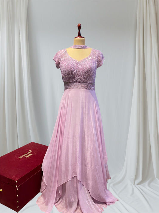 LAVENDER COLOUR CHINON GOWN EMBELLISHED WITH BEADS AND PIPE WORK