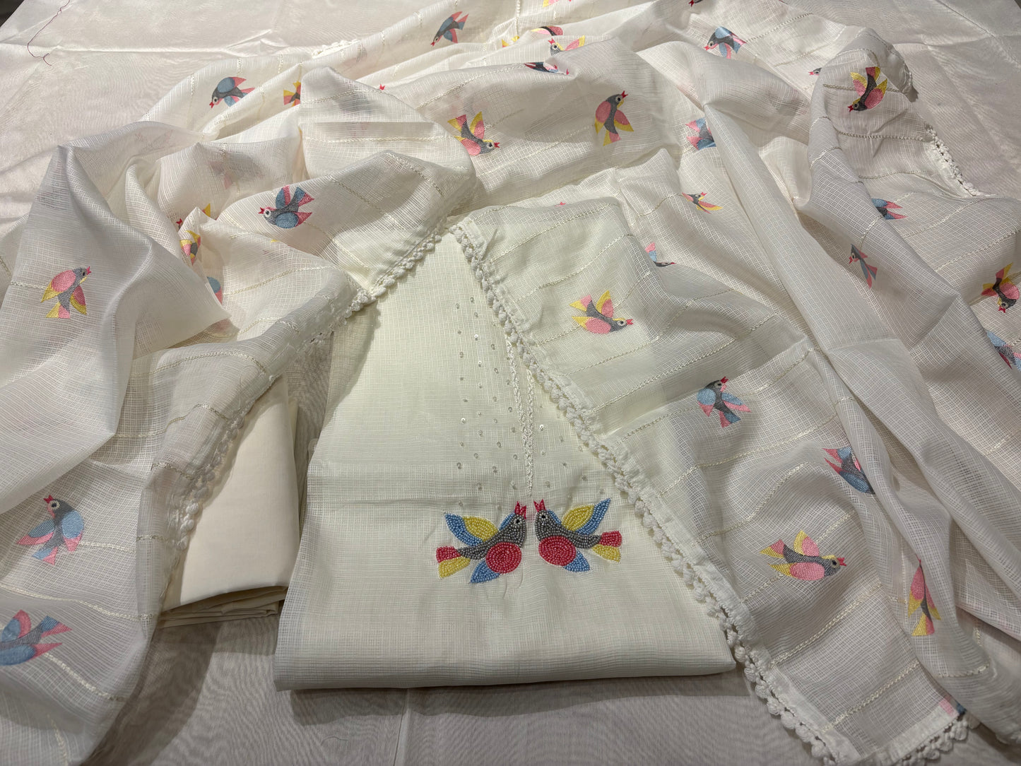 OFF WHITE KOTA DORIYA UNSTITCHED SUIT WITH RESHAM EMBROIDERED BIRD MOTIFS DUPATTA AND BEAD WORK KURTA