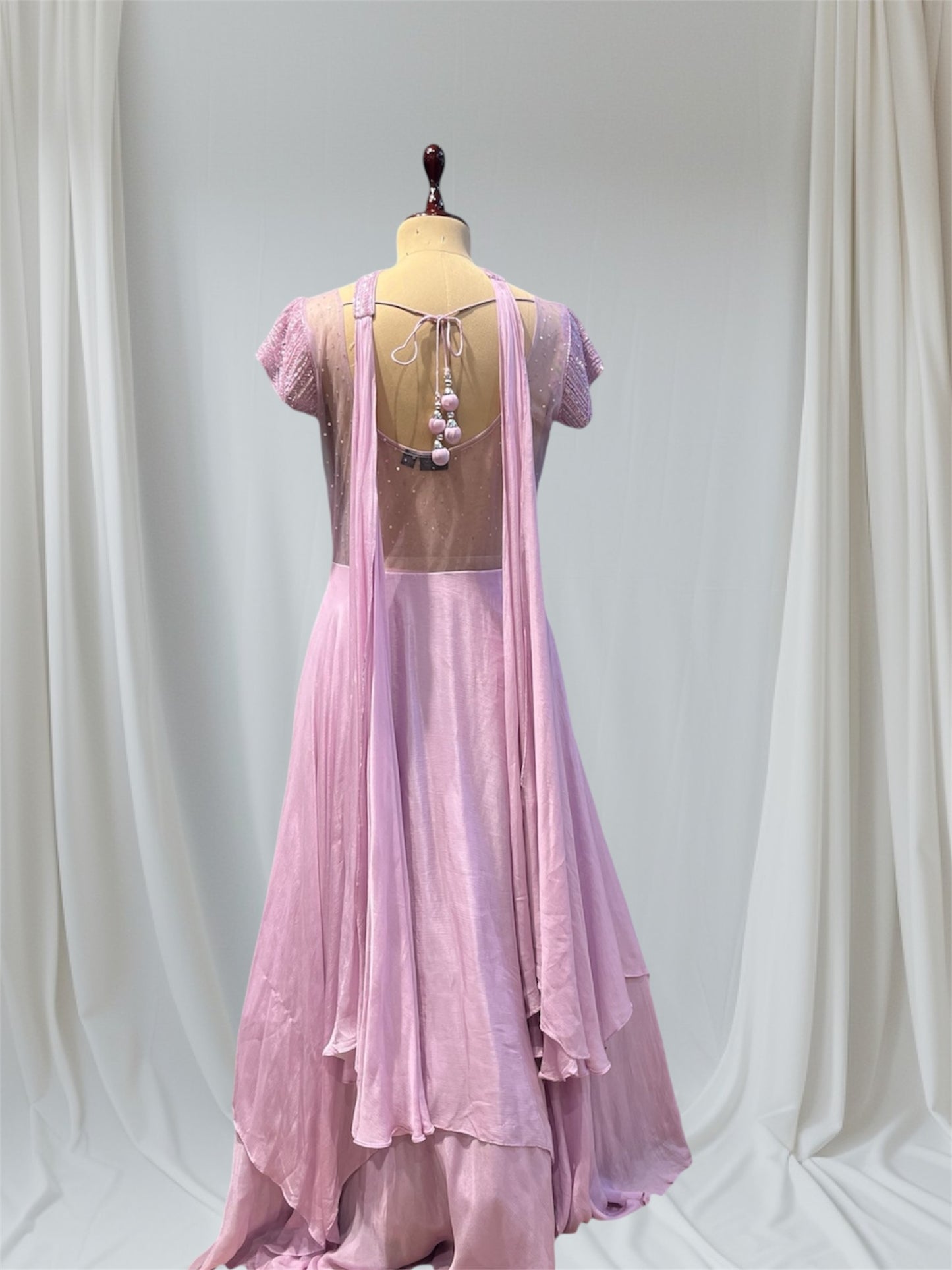 LAVENDER COLOUR CHINON GOWN EMBELLISHED WITH BEADS AND PIPE WORK