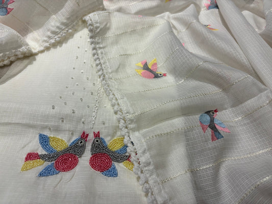 OFF WHITE KOTA DORIYA UNSTITCHED SUIT WITH RESHAM EMBROIDERED BIRD MOTIFS DUPATTA AND BEAD WORK KURTA