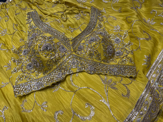 LEMON YELLOW COLOUR CREPE TISSUE LEHENGA WITH READYMADE BLOUSE EMBELLISHED WITH SEQUINS & MIRROR WORK